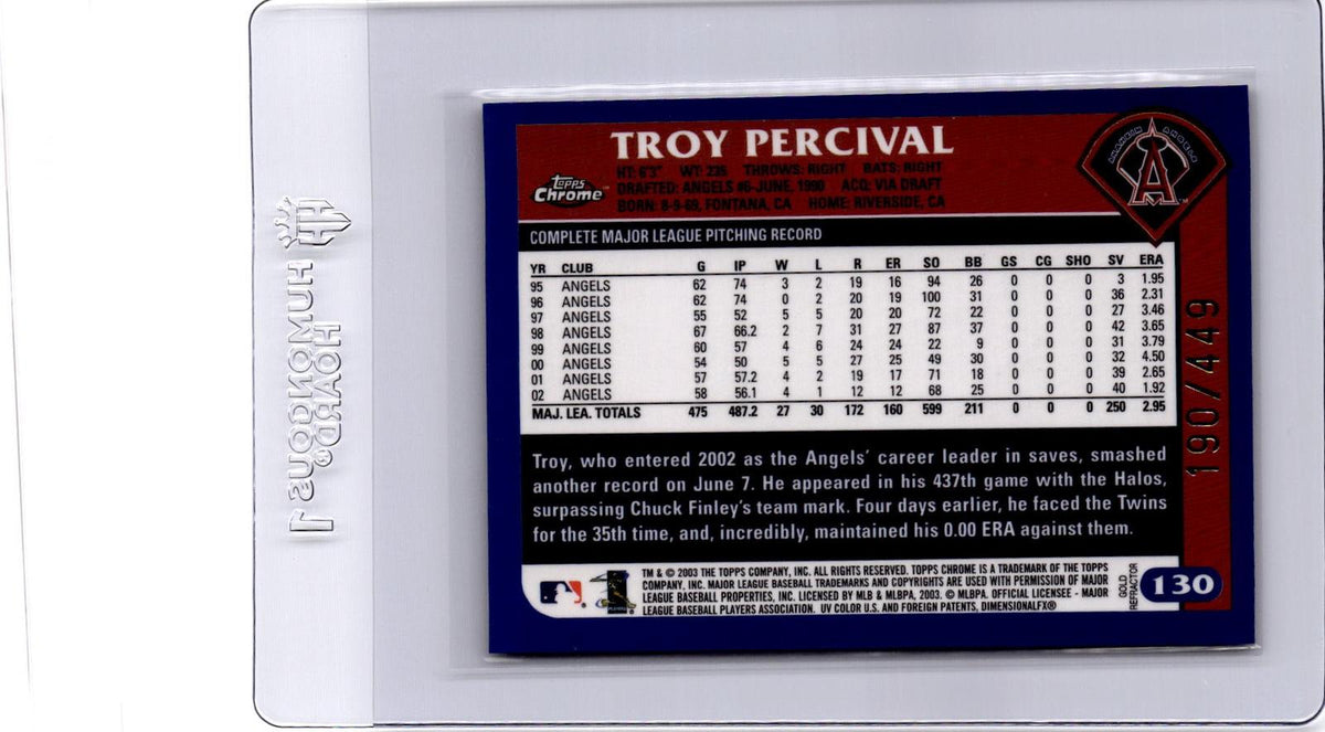 2003 Topps Chrome #130 Troy Percival Gold Refractor #/449