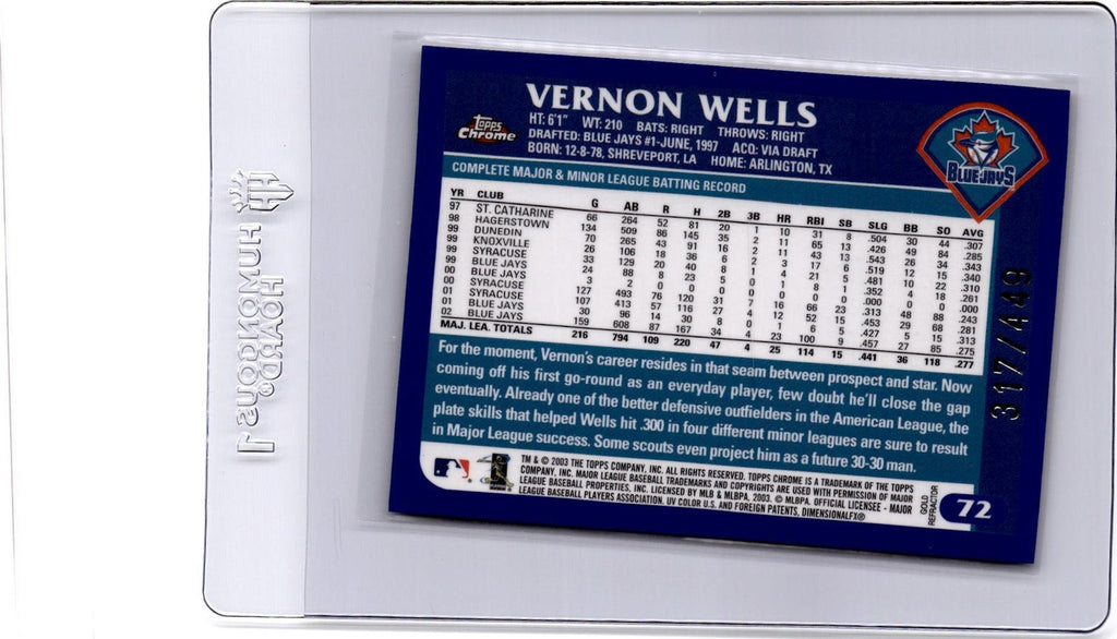 2003 Topps Chrome #72 Vernon Wells Gold Refractor #/449