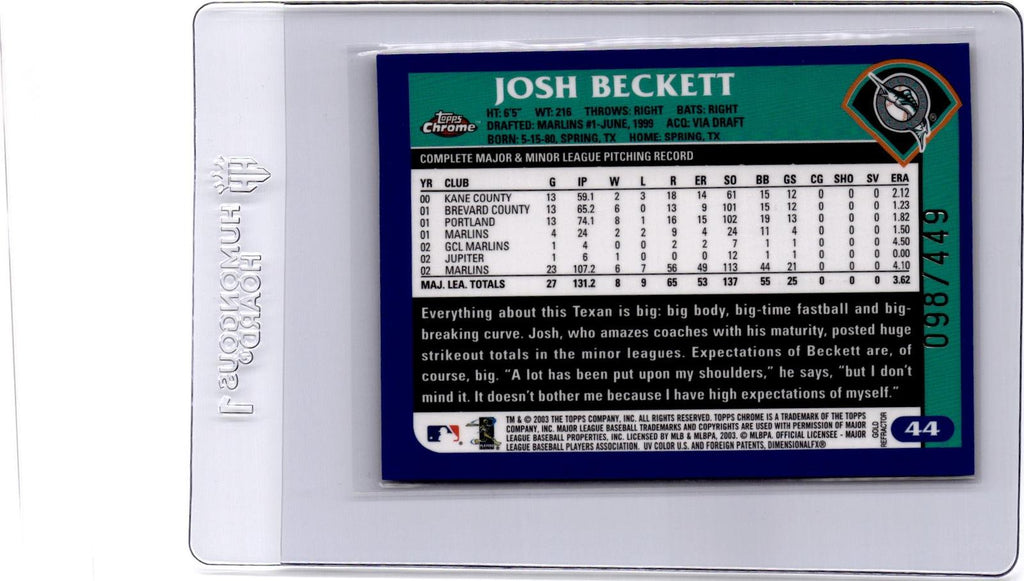 2002 Topps Chrome #634 Josh Beckett Gold Refractor